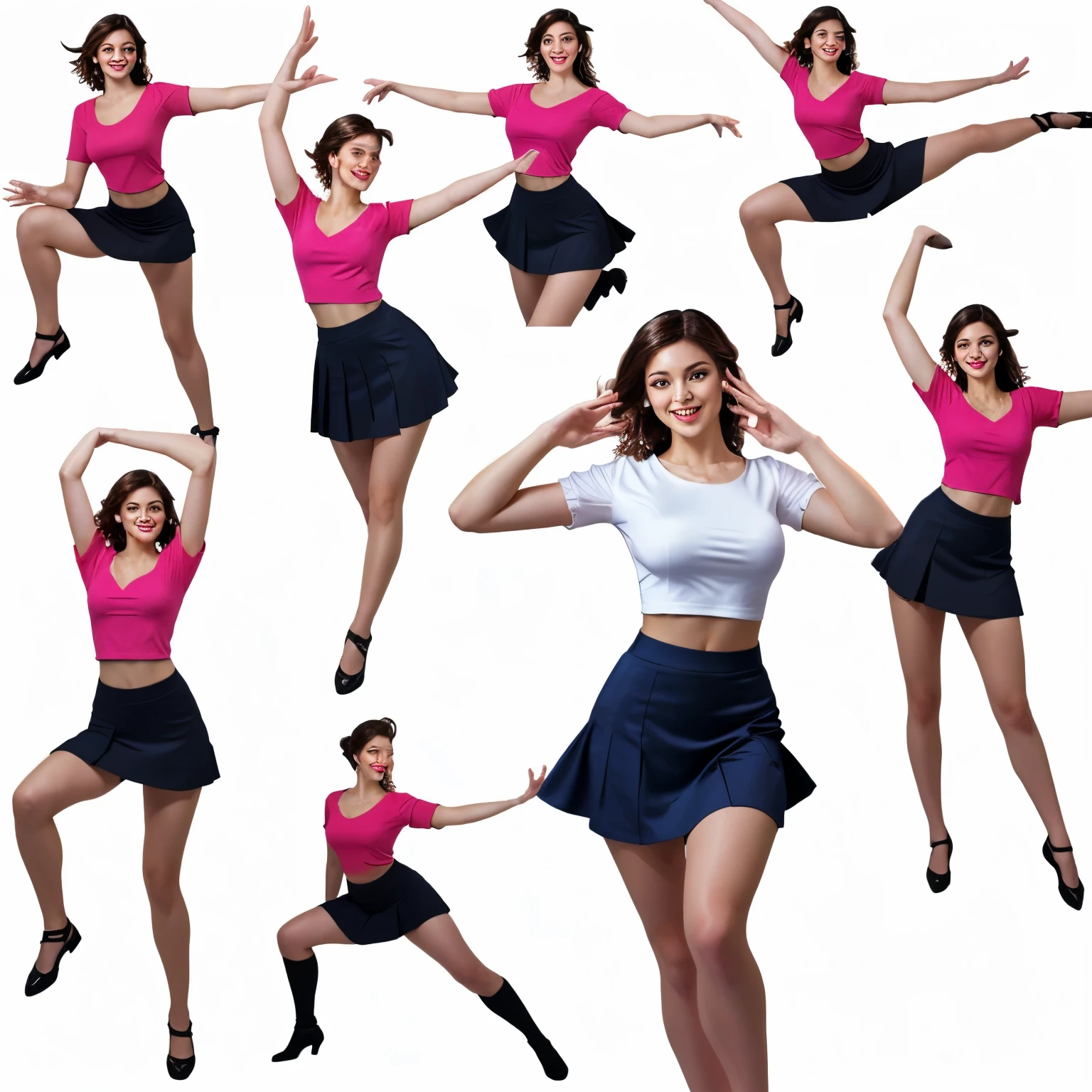 several images of a woman in a short skirt and a top, she is dancing. realistic, rotoscoped, fullbody dynamic poses, dancing character, dynamic poses, multiple poses, rotoscoping, various pose, full body with dynamic pose, different poses, various poses, artist reference images pose, expressive poses, spritesheet, dynamic pose realistic