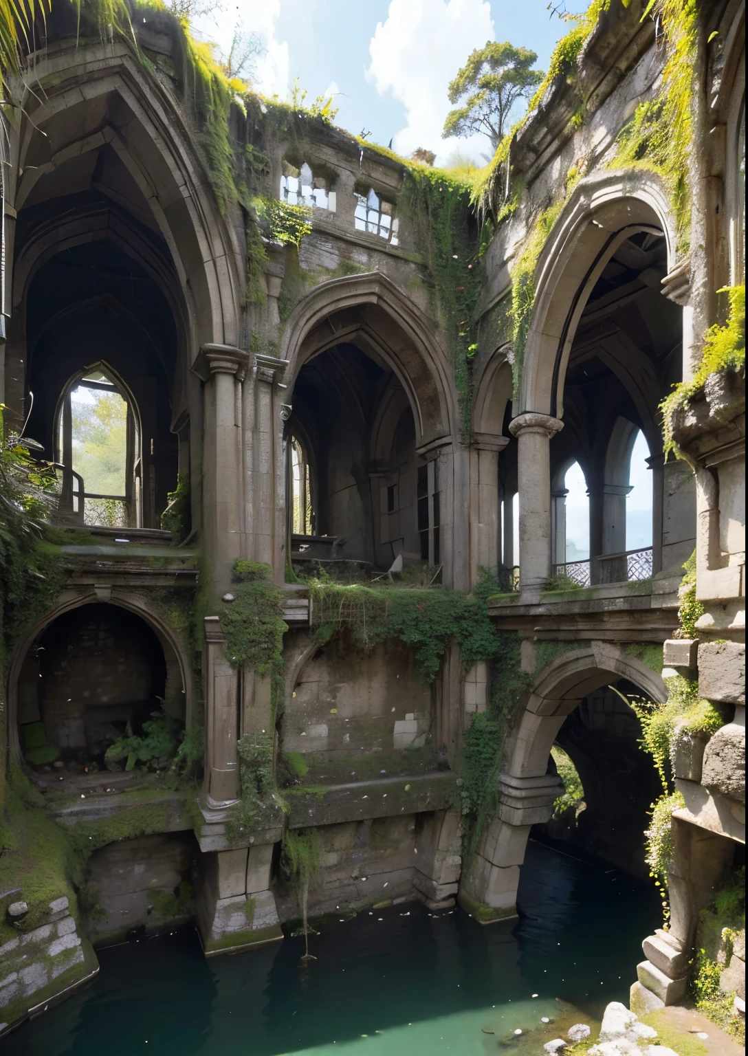 (masterpiece、highest quality:1.2)、8k、You can see the ocean、Ancient ruins built on the edge of a cliff、Ruins of an unknown civilization floating in the sky、Crumbling ruins of unknown age、Giant Vine、It is covered with moss and ivy.