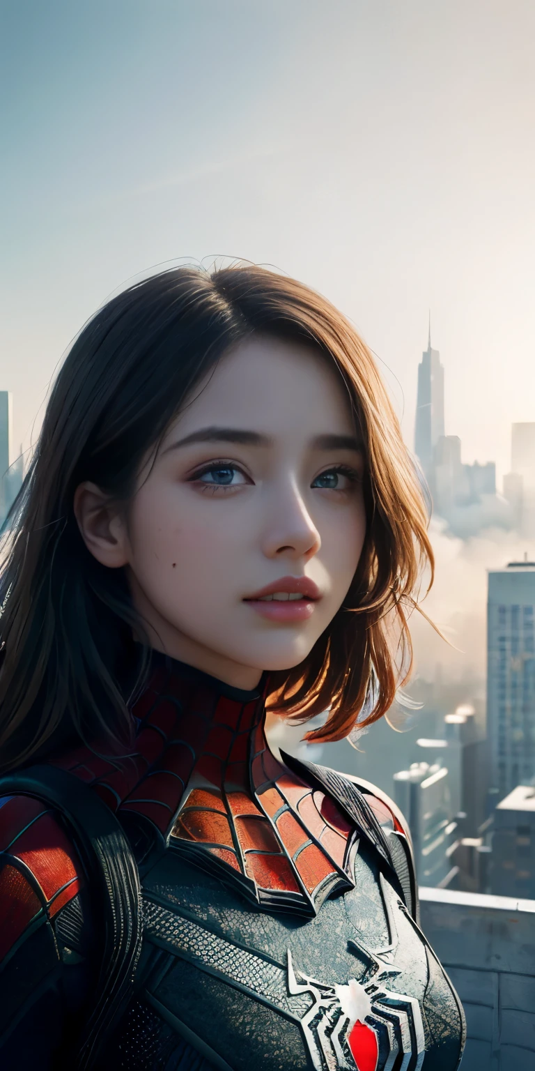 (1girl:1.3), Solo, (((Very detailed face)))), ((Very detailed eyes and face)))), Beautiful detail eyes, Body parts__, Official art, Unified 8k wallpaper, Super detailed, beautiful and beautiful, beautiful, masterpiece, best quality, original, masterpiece, super fine photo, best quality, super high resolution, realistic realism, sunlight, full body portrait, amazing beauty, dynamic pose, delicate face, vibrant eyes, (from the front), She wears Spider-Man suit, red and black color scheme, spider, very detailed city roof background, rooftop, overlooking the city, detailed face, detailed complex busy background, messy, gorgeous, milky white, highly detailed skin, realistic skin details, visible pores, clear focus, volumetric fog, 8k uhd, DSLR, high quality, film grain, fair skin, photo realism, lomography, futuristic dystopian megalopolis, translucent