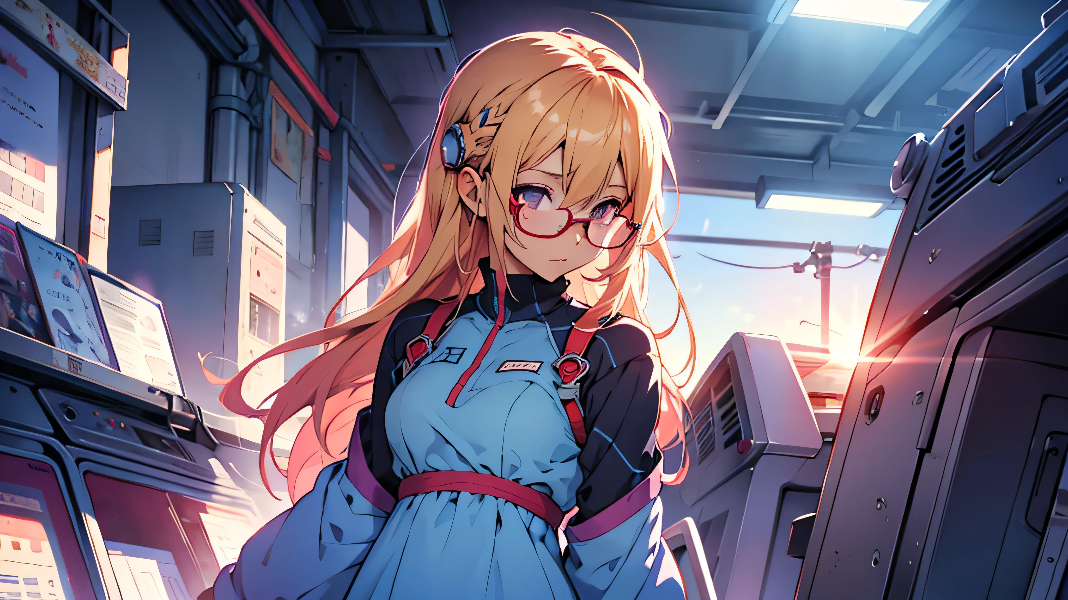 anime,An illustration,Purple Robot,Dom,Light blue dress,Red glasses,Blonde,Light blue mesh hair,beautiful girl,Sora Sakurano,one person