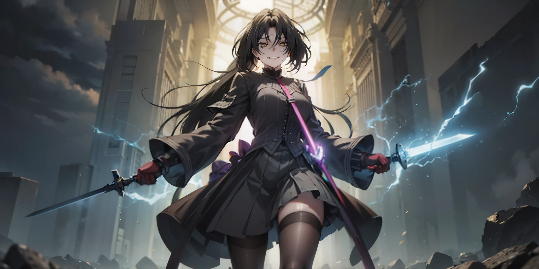 dominique de sade, ((long hair:1.3)), black hair, forehead, golden eyes, anatomically correct, heavy breathing, huge breasts,  1girl, holding, sword, black_hair, solo, holding_weapon, long_hair, holding_sword, jewelry, skirt, standing, dual_wielding, closed_mouth, glowing, bangs, gloves, earrings, looking_at_viewer, long_sleeves, cowboy_shot, glowing_weapon, "glow effects, godrays, Hand drawn, render, 8k, octane render, cinema 4d, blender, dark, atmospheric 4k ultra detailed, cinematic, Sharp focus, big depth of field, Masterpiece, colors, 3d octane render, 4k, concept art, trending on artstation, hyperrealistic, Vivid colors, extremely detailed CG unity 8k wallpaper, trending on CGSociety, Intricate, High Detail, dramatic", anime coloring, anime screencap, sweating, steaming body, fog, (electricity:1.3), (shaded face:1.2), hollow eyes, facing viewer, smirk, upper teeth, golden eyes, sweating, wet, looking at viewer, glowing eyes,