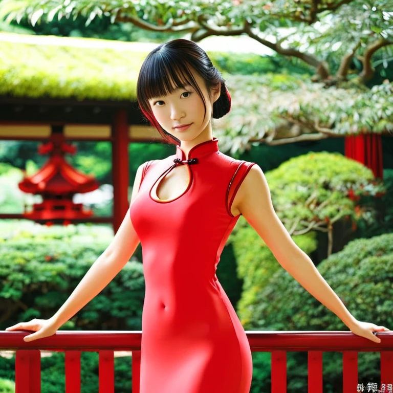 Traditional red one-piece cheongsam、A young Japanese woman with a very good figure and good posture、She has a refined and calm look.。Her hair is elegantly tied、A traditional Japanese garden spreads out in the background..。This scene is in photorealistic style.、Expressing color detail and vibrancy。Full body image