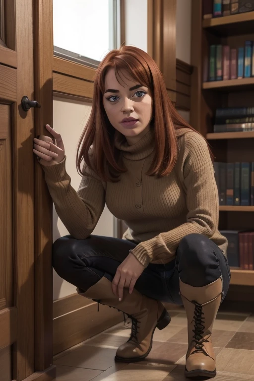 1Girl 18 years old, nur, Lange Haare, midsize , Blick auf den Betrachter, red hair, nackte Schultern, braune Augen, Schmuck, full entire body, Halskette, schulterfrei, pullover, lips, realistisch, Nase, Flirting with the camera, yellow boots, boots, doing wear boots