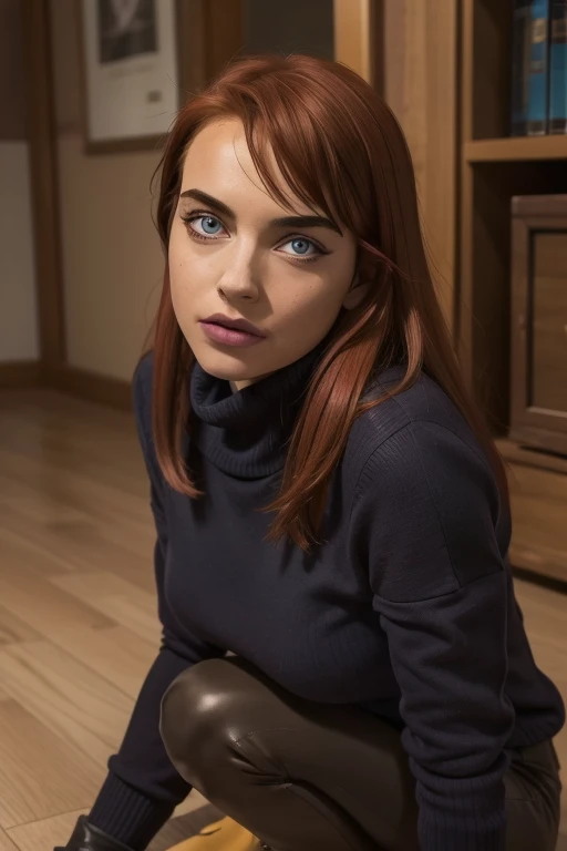 1Girl 18 years old, nur, Lange Haare, midsize , Blick auf den Betrachter, red hair, nackte Schultern, braune Augen, Schmuck, full entire body, Halskette, schulterfrei, pullover, lips, realistisch, Nase, Flirting with the camera, yellow boots, boots, doing wear boots