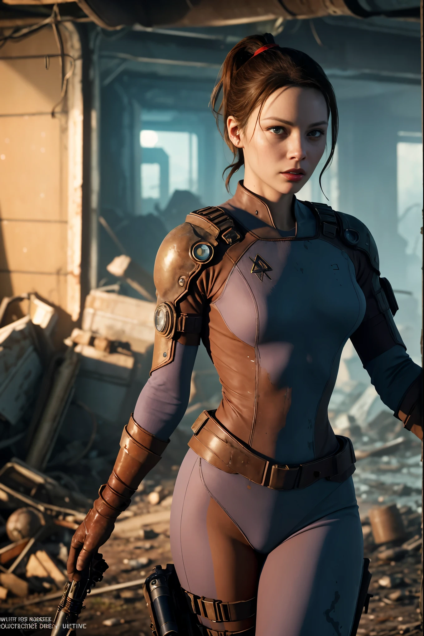 A cute and nerdy woman, (Michelle Pfeiffer:Gillian Jacobs:0.5), brunette hair tied in a ponytail, wearing an open high detail blue Fallout 4 vault suit, high detail face, high detail skin, seductive expression, perfect body, perfect proportions, a nuclear wasteland background with scattered ruins, high quality, masterpiece, realistic photo, intricately detailed, 8k, HDR, shallow depth of field, wide light, high contrast, backlight, sharp focus, RAW color photo, looking at the camera, cool colors, dynamic poses, in the style of Fallout 4