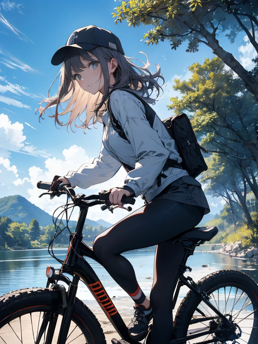 (highest quality、High resolution、8k、masterpiece:1.2)。under the clear blue sky、A beautiful girl in a hat、Riding a mountain bike on the bank near a beautiful river。.。Outdoor enthusiasts show off their casual running style.。