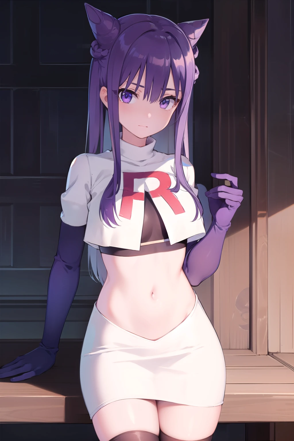 keqing, keqing, long hair, bangs, hair ornament, twintails, (purple eyes:1.1), purple hair, braid, hair bun, double bun, cone hair bun,
BREAK team rocket,team rocket uniform,white skirt,red letter R,crop top,black thigh-highs,black elbow gloves,
BREAK looking at viewer, (cowboy shot:1.5),
BREAK (masterpiece:1.2), best quality, high resolution, unity 8k wallpaper, (illustration:0.8), (beautiful detailed eyes:1.6), extremely detailed face, perfect lighting, extremely detailed CG, (perfect hands, perfect anatomy),