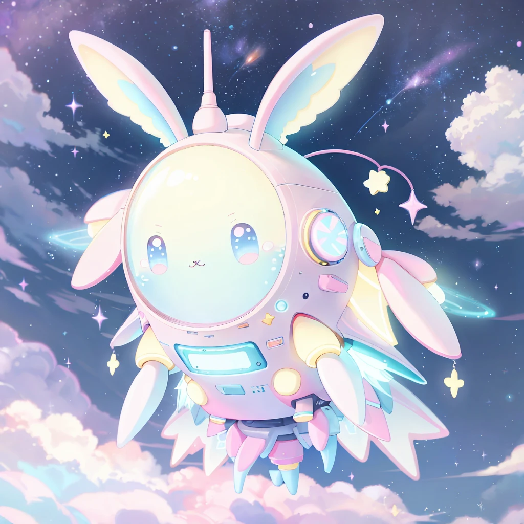 A futuristic flying star-shaped pastel-colored vehicle、★★★❤、★、❤★❤🐇wing、Spaceship、kawaii tech,No people、rabbit