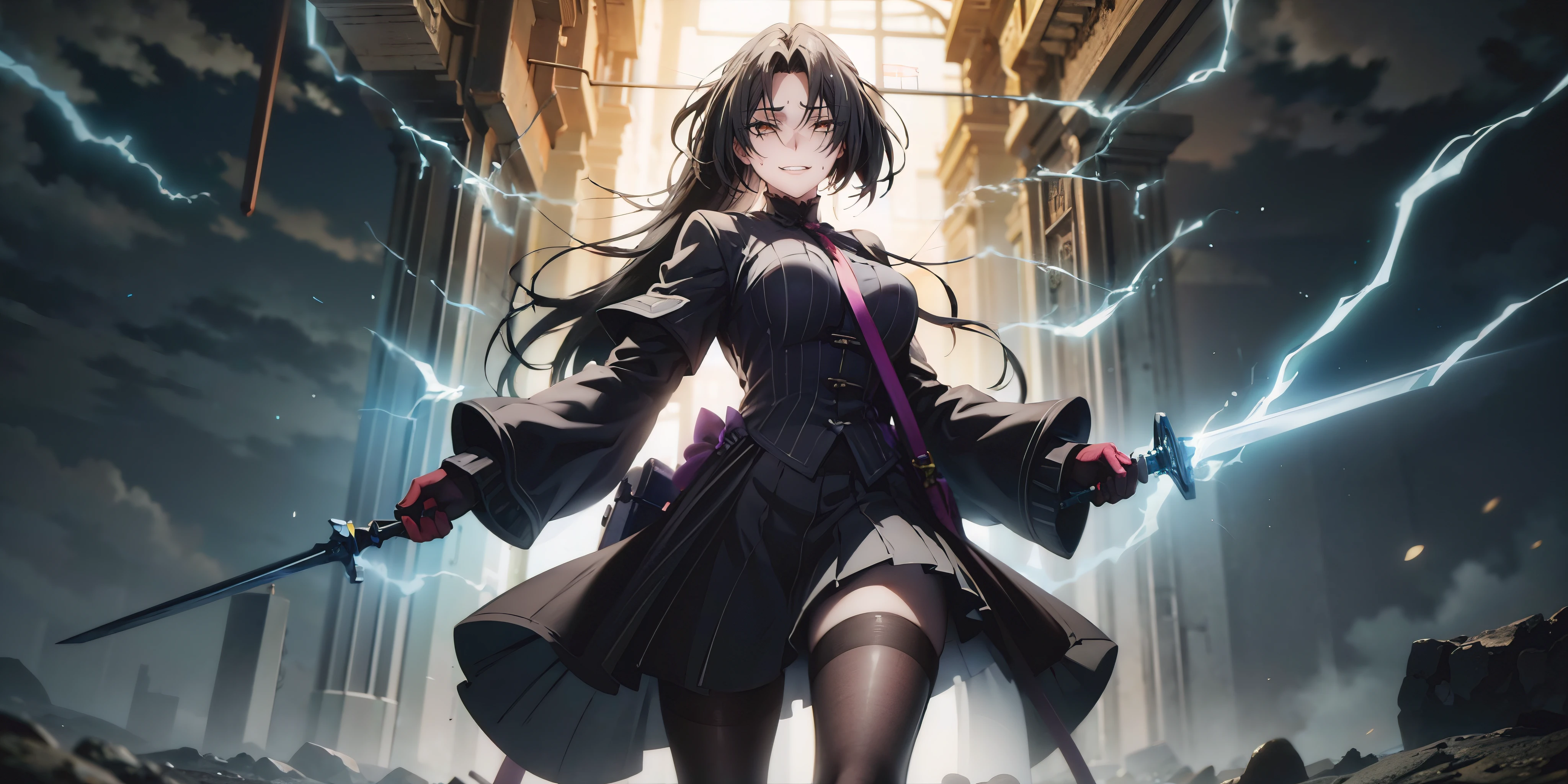 dominique de sade, ((long hair:1.3)), black hair, forehead, golden eyes, anatomically correct, heavy breathing, huge breasts,  1girl, holding, sword, black_hair, solo, holding_weapon, long_hair, holding_sword, jewelry, skirt, standing, dual_wielding, closed_mouth, glowing, bangs, gloves, earrings, looking_at_viewer, long_sleeves, cowboy_shot, glowing_weapon, "glow effects, godrays, Hand drawn, render, 8k, octane render, cinema 4d, blender, dark, atmospheric 4k ultra detailed, cinematic, Sharp focus, big depth of field, Masterpiece, colors, 3d octane render, 4k, concept art, trending on artstation, hyperrealistic, Vivid colors, extremely detailed CG unity 8k wallpaper, trending on CGSociety, Intricate, High Detail, dramatic", anime coloring, anime screencap, sweating, steaming body, fog, (electricity:1.3), (shaded face:1.2), hollow eyes, facing viewer, smirk, upper teeth, golden eyes, sweating, wet, looking at viewer, glowing eyes,