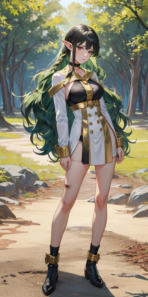 Female, standing, straight, 1girl, elf, green wavy hair, medium breasts, suspended by arms, head down, POV, from the side (dirty, bruise:1.2) cave floor, tied up, rope, (Masterpiece), full body of a female, big breast, detailed face, full portrait, standing straight, shackles on arms and legs, black choker on neck, SFW, WHITE TOGA, golden chains hands, golden chains legs, lascivious face, embarrassed, red cheeks, braid black hair, full body, view from below, far shot, cow boy shot, looking at viewer, handcuffs on their hands, with a collar around the neck, slave, ((black choker, shackles on legs and arms)) ((hands hiding behind body))