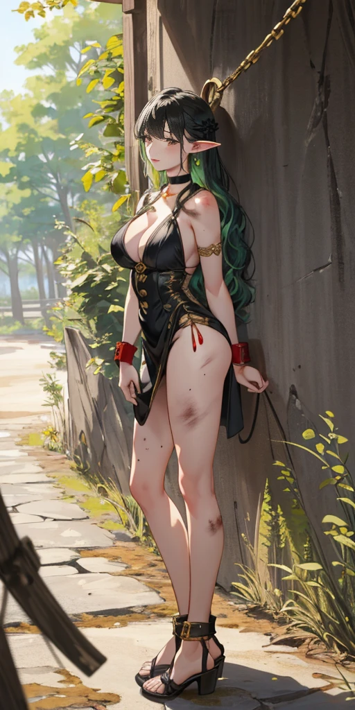 Female, standing, straight, 1girl, elf, green wavy hair, medium breasts, suspended by arms, head down, POV, from the side (dirty, bruise:1.2) cave floor, tied up, rope, (Masterpiece), full body of a female, big breast, detailed face, full portrait, standing straight, shackles on arms and legs, black choker on neck, SFW, WHITE TOGA, golden chains hands, golden chains legs, lascivious face, embarrassed, red cheeks, braid black hair, full body, view from below, far shot, cow boy shot, looking at viewer, handcuffs on their hands, with a collar around the neck, slave, ((black choker, shackles on legs and arms)) ((hands hiding behind body))