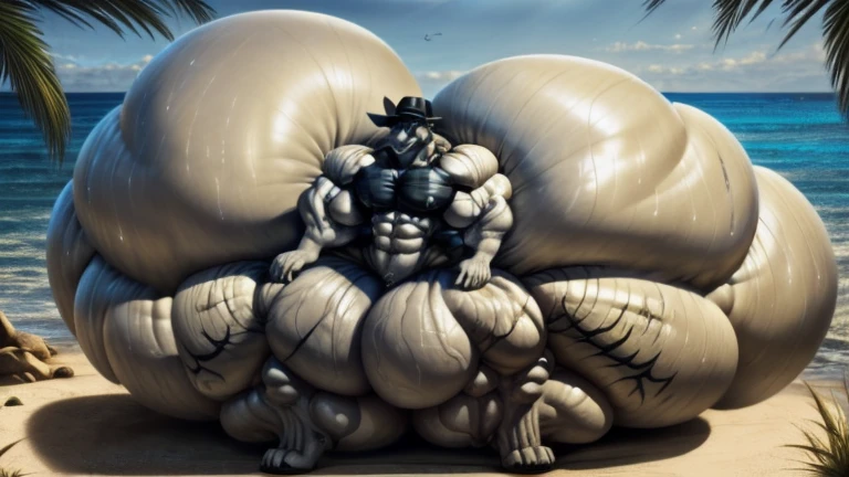 4k, high resolution, best quality, perfect lightning, perfect, solo, anthro, young, boy,white wolf:2.0, furry body, (fluffy mane:1.2), fluffy tail, male, adult, (bulky2:0, thick muscles2:0, huge muscles:2.0, hyper muscles:2.0), (thick biceps, veiny biceps, broad shoulders:2.0), (thick legs, thick calves:1.1), (digitigrade legs, 4 toes:1.2), perfect colors, (photorealistic fur, detailed fur, epic, masterpiece), (suggestive posing:1.2), (seductive smile, lustful grin 1.3), detailed beach,detailed wolf eyes:2.0, by k0suna, by darkgem,nipple ring,hyper arms:2.0,veins,white body,white fur,hyper butt:2.0,hyper paws:2.0,standing,thick legs,thick butts:2.0,sweat body:2.0,massive butt:2.0,black hat,hyper ass:2.0,huge ass,long legs,juicy butt:2.0