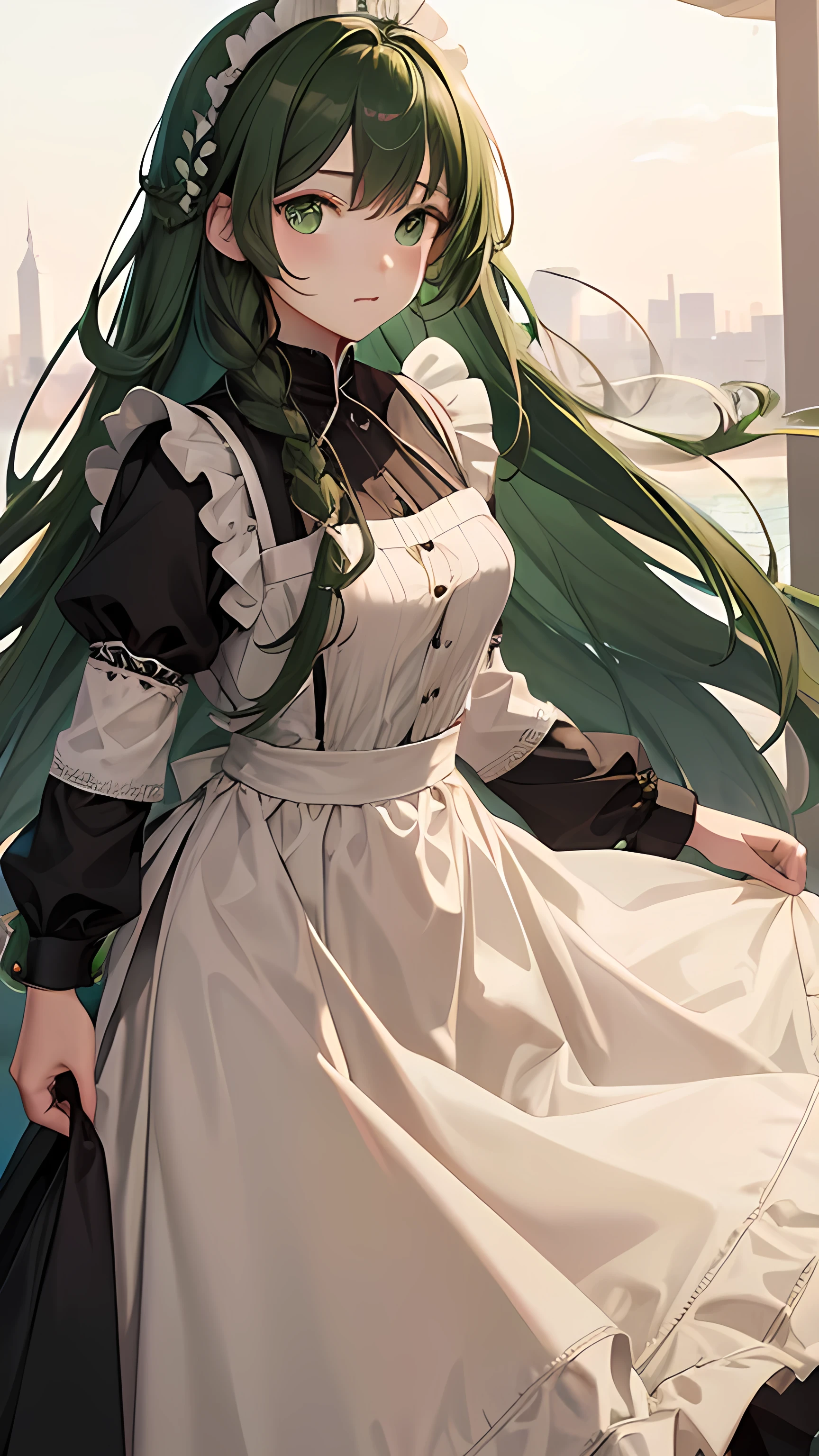 high resolution、high quality、Maid、Brown braided hair、Green Eyes、seems kind、Calm、Long skirt、Waist Up