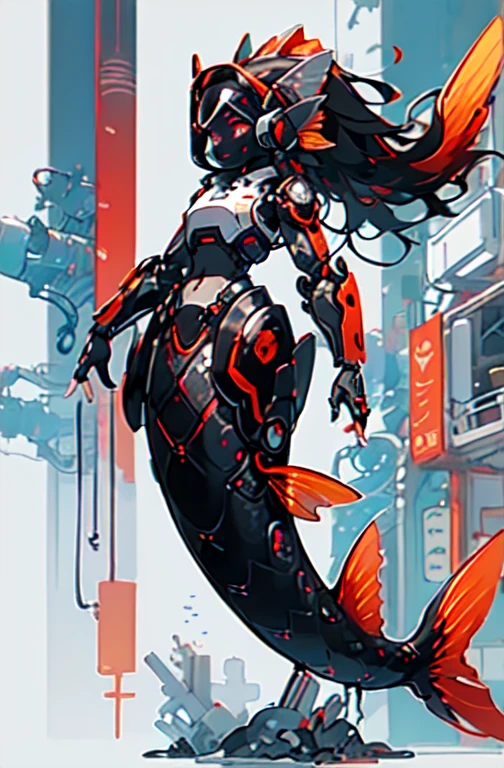 Fish ear, Mermaid, (machine: 1.1), (Mecha: 1.1), (Mechanical fish tail: 1.5), (fin: 1.2), (Human arm: 1.2), underwater,, ultra detailed, masterpiece, best quality, aesthetic, detailed,, solo, smug smile, 1 protogen, red eyes, red-framed eyewear, (black hair, red colored tips:1.2), red streaked hair, very long hair, side ponytail, tied hair, male,, dataset, jacket on shoulders, coat on shoulders, red dress, sleeves rolled up, fingerless gloves, holster, belt, multiple belts, combat boots, bulletproof vest, pants, black coat, tactical clothes, protogen 