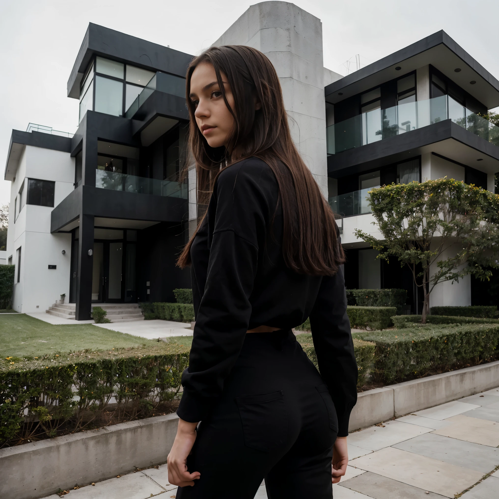 Adolescente rusa con pelo largo negro con flequillo y vestido con un jersey de cuello alto negro., black pants with a large modern mansion in a Bel-Air neighborhood in the background on a foggy day