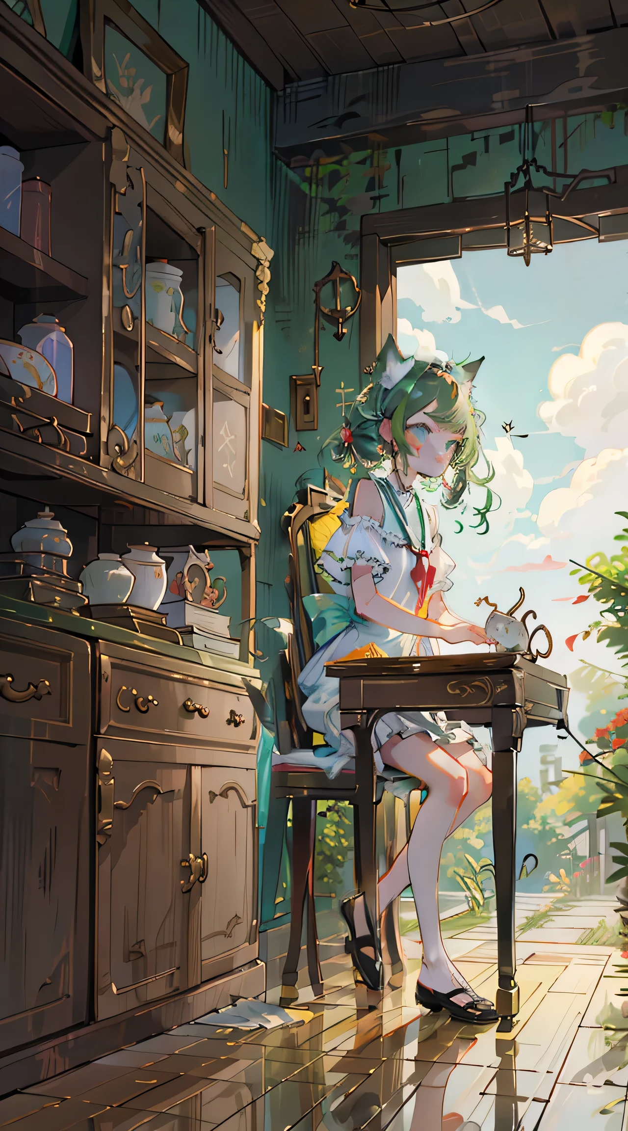(Tabletop, highest quality: 1.1), Ghibli style, alone, , Weibo, Tinker&#39;s Wife (Tabletop), highest quality, Expressive eyes, Perfect Face, Small breasts, thin, ((Wearing a dress and playing the piano)),Transparent glass bottle body, Glass Girl, transparent, Wavy green hair, Pink and blue eyes, Green leaves of hair, Eyes like shining jewels, Long eyelashes, Transparency, ((Wearing a dress and playing the piano)), (Red Jewel Autumn Costume)), whole body, Standing Pose Reaching Out, thin feet, Perfect hands, Five Fingers, Yun News (Hmph), no_human, (((Cat ear))), Forest land