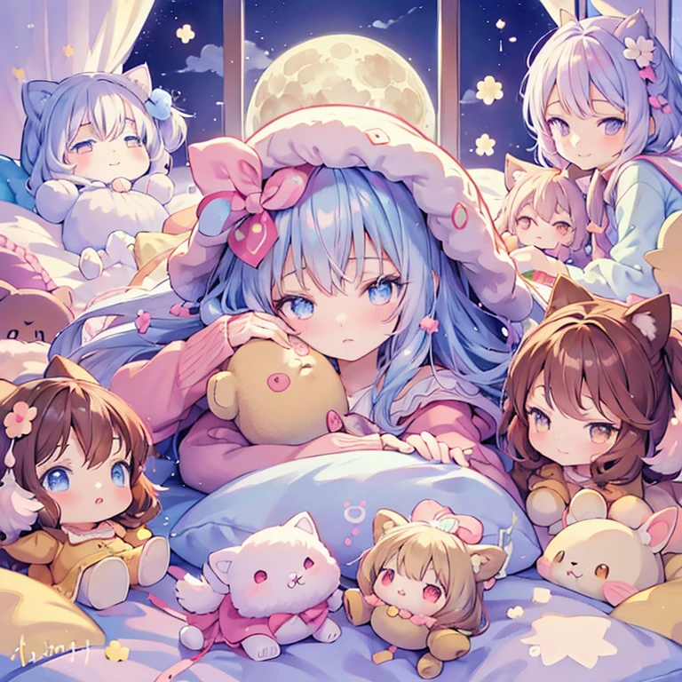 Anime girl in bed with stuffed animal and full moon, Nightcore, cute anime, anime art wallpaper 8k, pixiv, anime art wallpaper 4k, anime art wallpaper 4k, trending on artstation pixiv, dreamy night, cute detailed digital art, digital art on pixiv, guweiz on pixiv artstation, splash art anime
