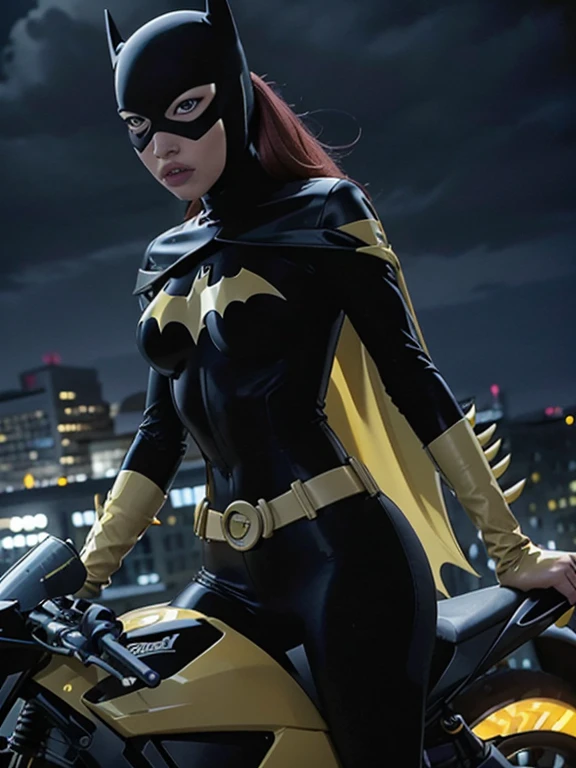 Highest image quality, outstanding details, ultra-high resolution, (realism: 1.4), the best illustration, favor details, highly condensed 1girl, with a delicate and beautiful face, dressed in a black and yellow mecha, wearing a mecha helmet, holding a directional controller, riding on a motorcycle, the background is a high-tech lighting scene of the future city. Batgirl 