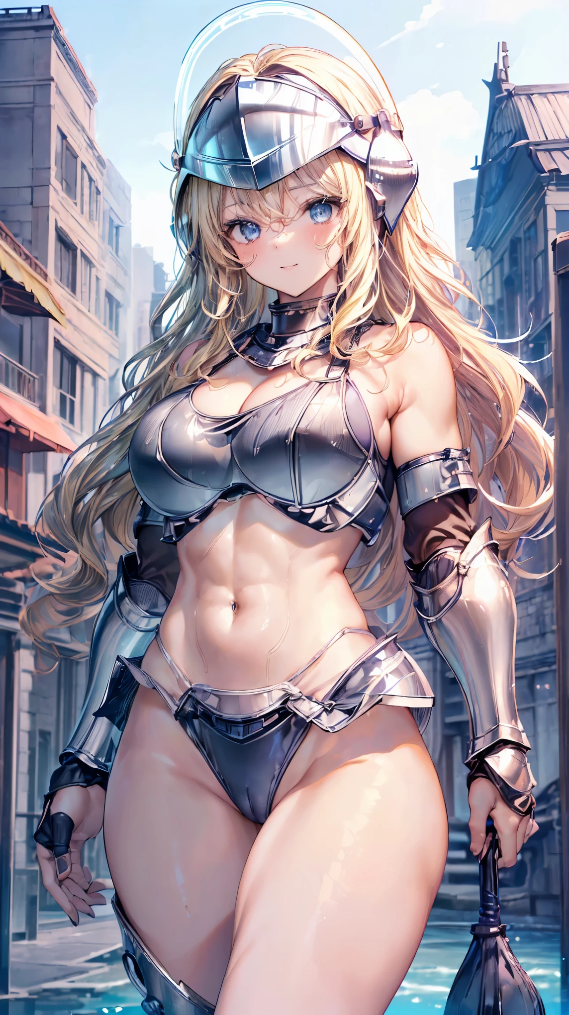 (Adult women:1.5)、Very detailed、highest quality、Best image quality、masterpiece、8k、Anime Face、A kind smile、Open your mouth、Sparkling blue eyes、(Blonde Wavy Hair:1.5)、、Muscles of the whole body、camisole、Thigh belt、mini skirt、(Wearing platinum bikini armor:1.5)、(Cowboy Shot:1.5)、(Leg armor:1.5)、(Wearing a helmet:1.5)