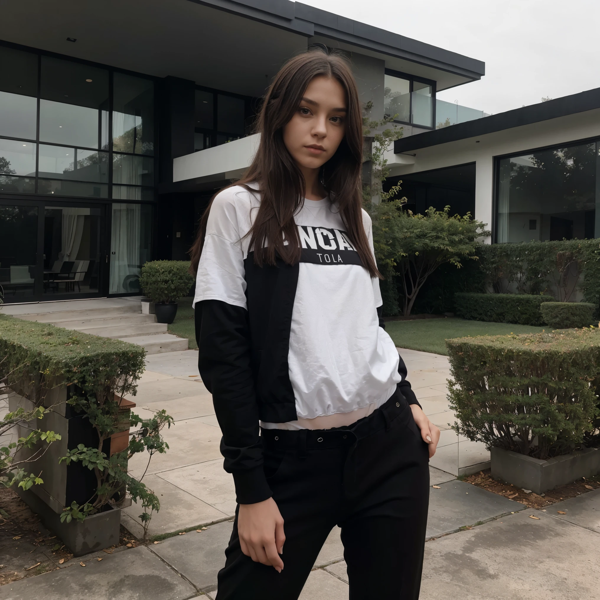 Adolescente rusa con pelo largo negro con flequillo y vestido con un jersey de cuello alto negro., black pants with a large modern mansion in a Bel-Air neighborhood in the background on a foggy day