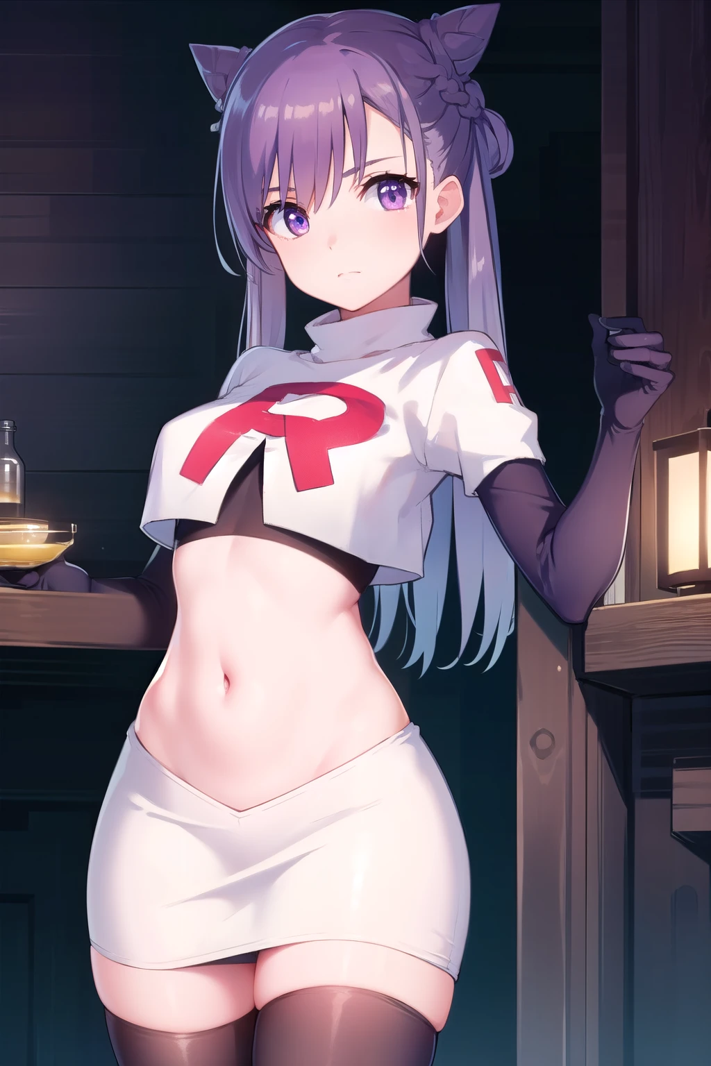 keqing, keqing, long hair, bangs, hair ornament, twintails, (purple eyes:1.1), purple hair, braid, hair bun, double bun, cone hair bun,
BREAK team rocket,team rocket uniform,white skirt,red letter R,crop top,black thigh-highs,black elbow gloves,
BREAK looking at viewer, (cowboy shot:1.5),
BREAK (masterpiece:1.2), best quality, high resolution, unity 8k wallpaper, (illustration:0.8), (beautiful detailed eyes:1.6), extremely detailed face, perfect lighting, extremely detailed CG, (perfect hands, perfect anatomy),