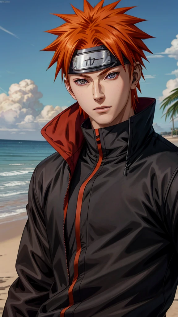 (Realistic, photoRealistic), (Delicate eyes and face), volumatic light, Ray tracing, the Extremely Detailed CG Unity, Detail hair, 1 male, Yahiko from the anime Naruto, short hair , Orange Hair, Iris, good looking, Black clothes, Realistic clothes, Clothing Details, Beach City Background, Super detailed, Realistic