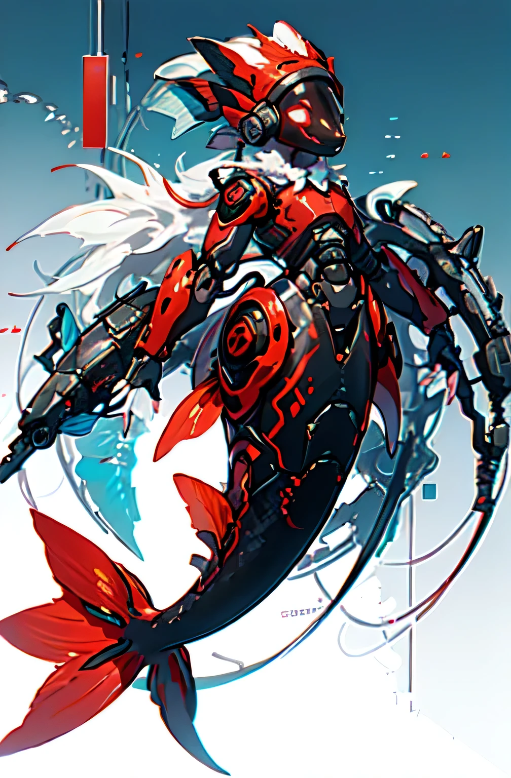 Fish ear, Mermaid, (machine: 1.1), (Mecha: 1.1), (Mechanical fish tail: 1.5), (fin: 1.2), (Human arm: 1.2), underwater,, ultra detailed, masterpiece, best quality, aesthetic, detailed,, solo, smug smile, 1 protogen, red eyes, red-framed eyewear, (black hair, red colored tips:1.2), red streaked hair, black fur, side ponytail, fur hair, male,, dataset, jacket on shoulders, coat on shoulders, red clothes, sleeves rolled up, fingerless gloves, holster, belt, multiple belts, combat boots, bulletproof vest, pants, black coat, tactical clothes, protogen, male, merman 