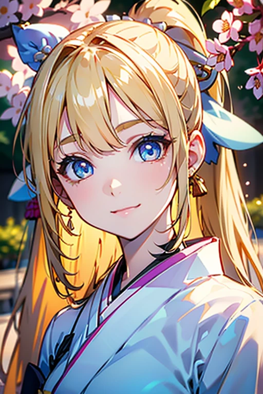 Portrait、、Bright expression、ponytail、Young, shiny, white, glossy skin、Gloss Face、Shining Cheek Gloss、Small Face Beauty、The best beauty、The dazzling light of blonde hair、Bright blonde hair with dazzling highlights、Very beautiful shiny light blonde hair、super long silky straight hair、Her shiny, beautiful bangs are covering her eyes.、Sparkling, clear, attractive, bright, large, pale blue eyes、Very big eyes、eyeliner、very beautiful lovely cute 16 year old girl、Ample Bust, full body , smile , (((white japanese colorful kimono ))), background blossom tree