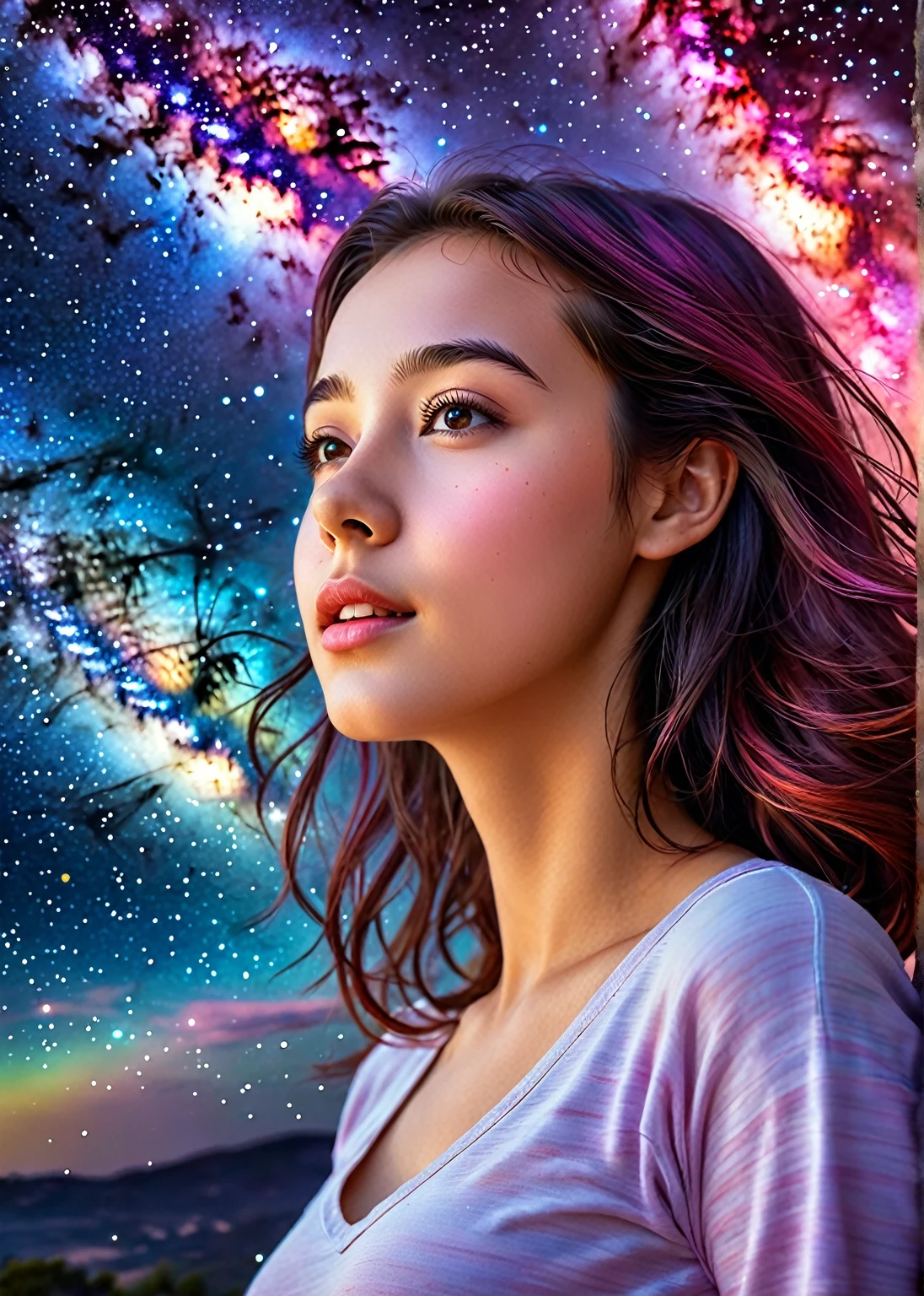 alto detalhe, super detalhe, super high resolution, girl enjoying her time in dream galaxy, rodeado de estrelas, luz quente polvilhada sobre ela, the background is a starry sky with colorful galaxies and galactic clouds, estrelas voando ao seu redor, rosto delicado, Adding playful atmosphere , 