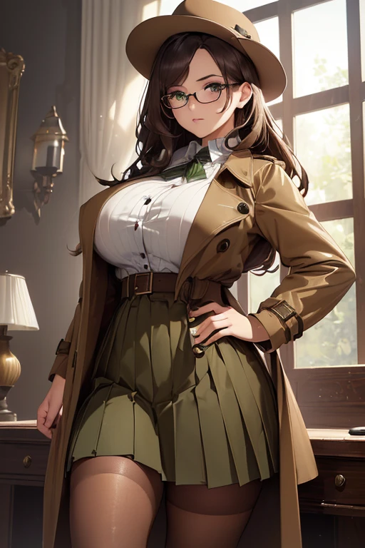 ((masterpiece)), (best quality:1.7), (detailed:1.4), (high res:1.4), 8k, (colorful:1.5), high resolution, sharped image, 4k, hd, (beautiful detailed background:1.2), (beautiful lighting:1.2), (highly detailed:1.2), perfect lighting, (8k wallpaper:1.2), (highly detailed:1.2), (extremely detailed CG:1.2), ((dark brown medium long straight hair with bangs covering an eye)), (hair bangs covering one eye), ((only dark brown hair)), ((DD bust)), ((busty)), curvy figure, (((hazel-green eyes))), (((detective outfit with brown tan trench coat and loose button blouse and a long length hazel-green pleated skirt and long stockings))), glasses, hat, serious expression, mature, ((30 year old)), human , tall, fullbody