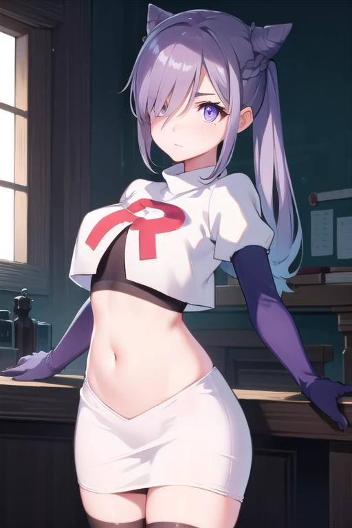 keqing, keqing, long hair, bangs, hair ornament, twintails, (purple eyes:1.1), purple hair, braid, hair bun, double bun, cone hair bun,
BREAK team rocket,team rocket uniform,white skirt,red letter R,crop top,black thigh-highs,black elbow gloves,
BREAK looking at viewer, (cowboy shot:1.5),
BREAK (masterpiece:1.2), best quality, high resolution, unity 8k wallpaper, (illustration:0.8), (beautiful detailed eyes:1.6), extremely detailed face, perfect lighting, extremely detailed CG, (perfect hands, perfect anatomy),