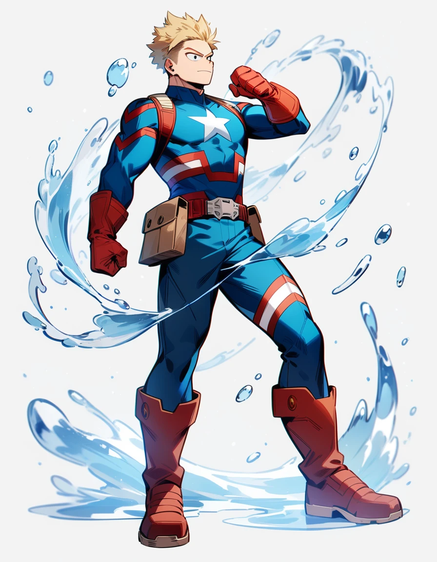 One boy, male focus, brown and blond hair, boku no hero academia, masterpiece, best quality, very aesthetic, water quirk, captain America suit, full body illustration.