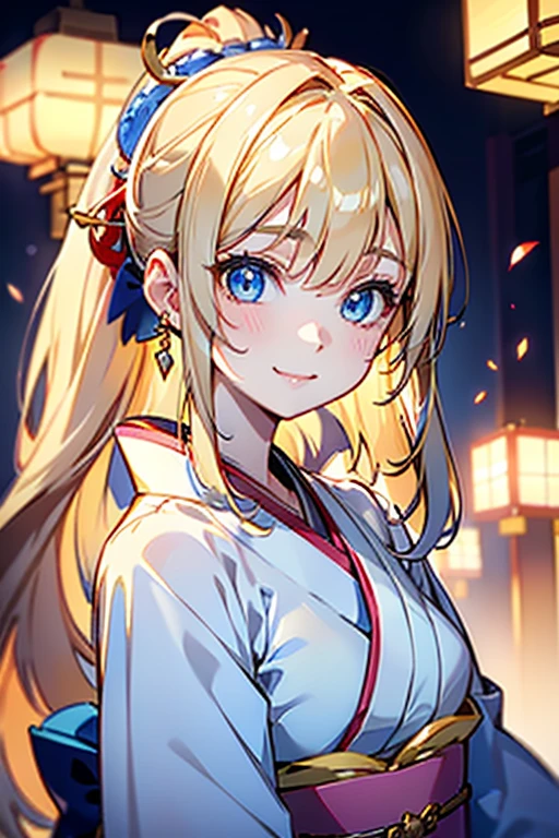 Portrait、、Bright expression、ponytail、Young, shiny, white, glossy skin、Gloss Face、Shining Cheek Gloss、Small Face Beauty、The best beauty、The dazzling light of blonde hair、Bright blonde hair with dazzling highlights、Very beautiful shiny light blonde hair、super long silky straight hair、Her shiny, beautiful bangs are covering her eyes.、Sparkling, clear, attractive, bright, large, pale blue eyes、Very big eyes、eyeliner、very beautiful lovely cute 16 year old girl、Ample Bust, full body , smile , (((white japanese colorful kimono ))), background blossom tree