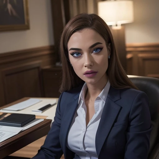 (masterpiece, high quality) woman, formal business suit, shirt, pants, solo , looking at viewer, perfect face, suits Navy blue, crystal blue eyes, eyelashes, makeup
