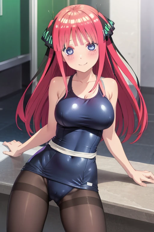 best quality, ultra-detailed masterpiece, anime art style, cute character, nino nakano, large breasts, blush, smile, one-piece swimsuit, pantyhose, open legs,breasts focus