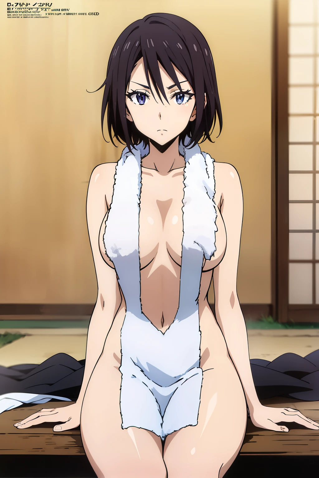 (anime cels style, Masterpiece, best quality, high resolution, anime colored, megami magazine:1.2, anime poster style, anime keyvisual, sharp, 8k, photorealistic), (beautiful eyes:1.5), sakaguchihinata\(ttigraas\), 1girl, cute, black hair, (very short hair), sagging large breast, (beautiful nude), (Towel over breasts:1.5), (cowboy shot, sitting), (perfect detailed anatomy, perfect arms, perfect fingers, beautiful face, perfect body, shiny skin), onsen,