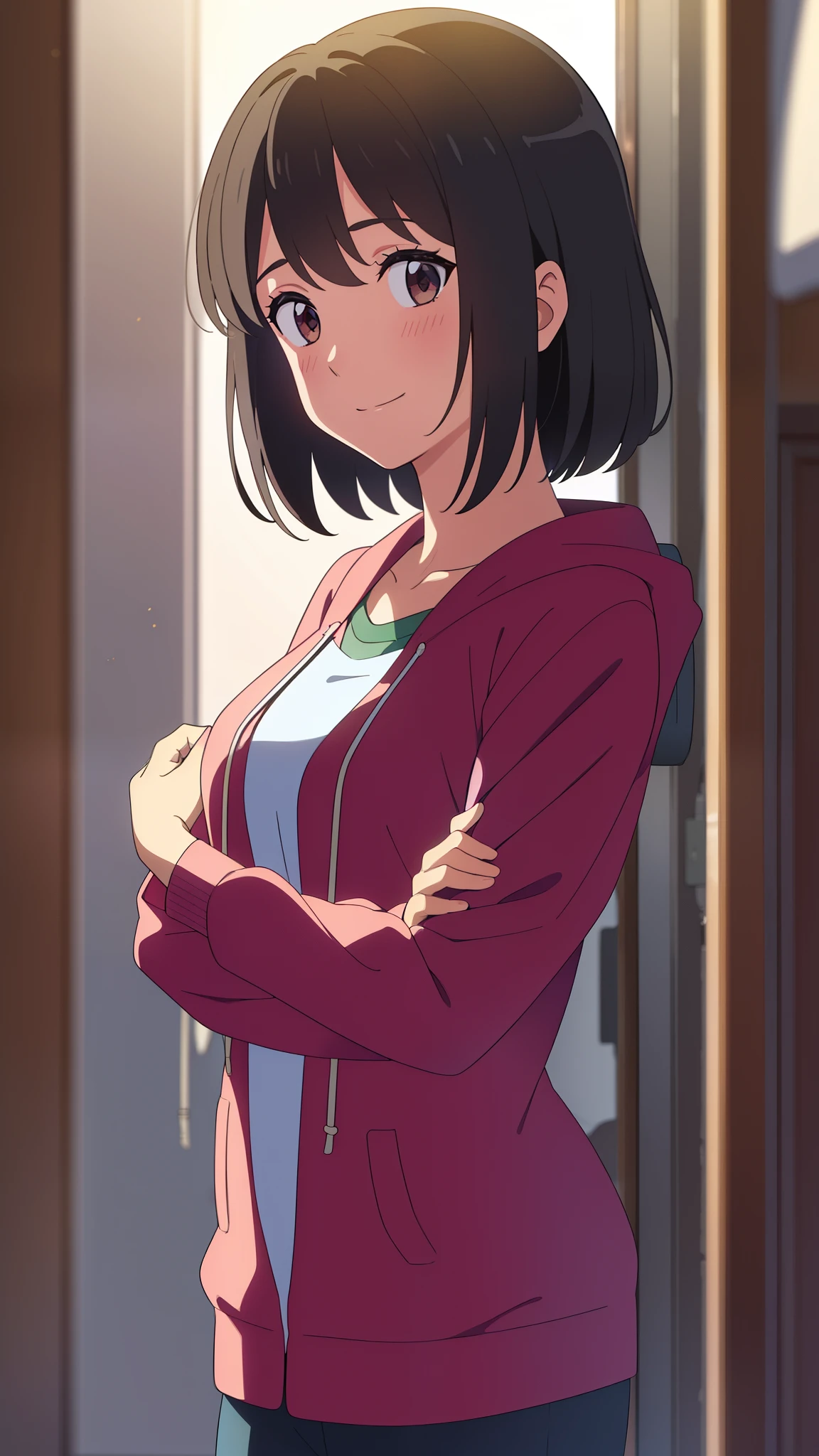 (masterpiece, best quality, high quality, highres, ultra-detailed), shinkai makoto, kimi no na wa., 1girl, bangs, black hair, short hair, blush, bright eyes, brown eyes, shinny skin, red headband, red ribbon, hood, hoodie, medium breasts, solo, cute, smile, looking at the viewer, white background