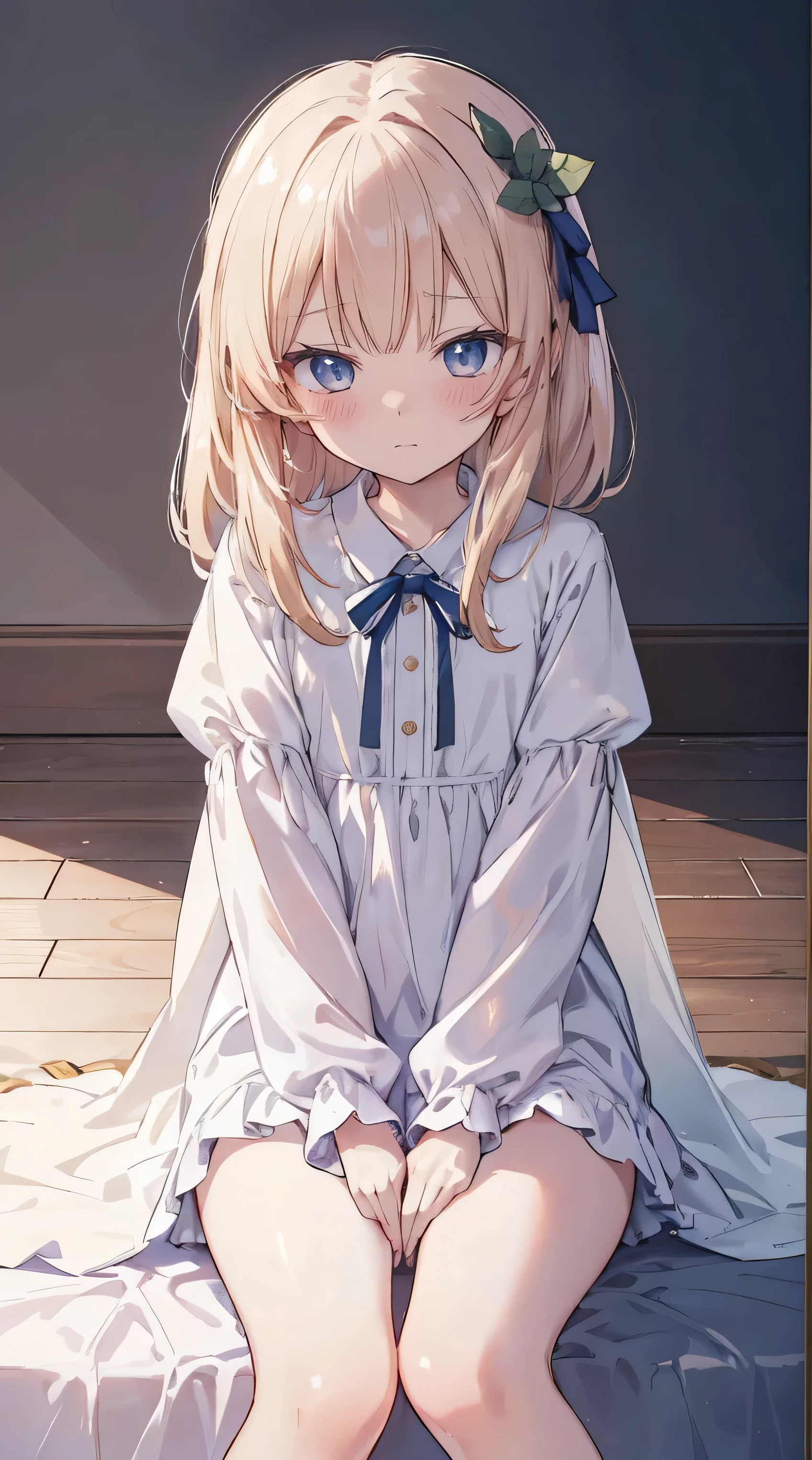 Masterpiece、Highest quality、highest quality、(((Lori)))、 ((((Petite))))、((Embarrassed))、Shiny hair quality、Small face、Sitting、Super detailed, beautiful, wide eyes、Ultra-detailed, clear and beautiful faces、(cute illustration:1.2), High-resolution, ultra-detailed, best quality, embarrassed、Thighs
