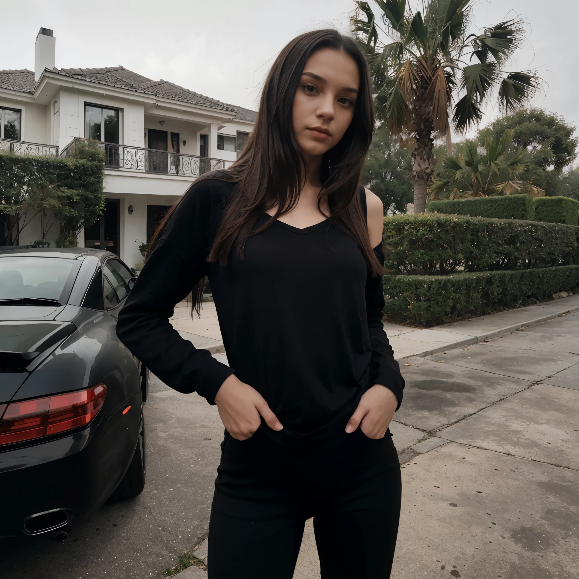 Adolescente rusa con pelo largo negro con flequillo y vestido con un jersey de cuello alto negro., black pants with a large modern mansion in a Bel-Air neighborhood in the background on a foggy day