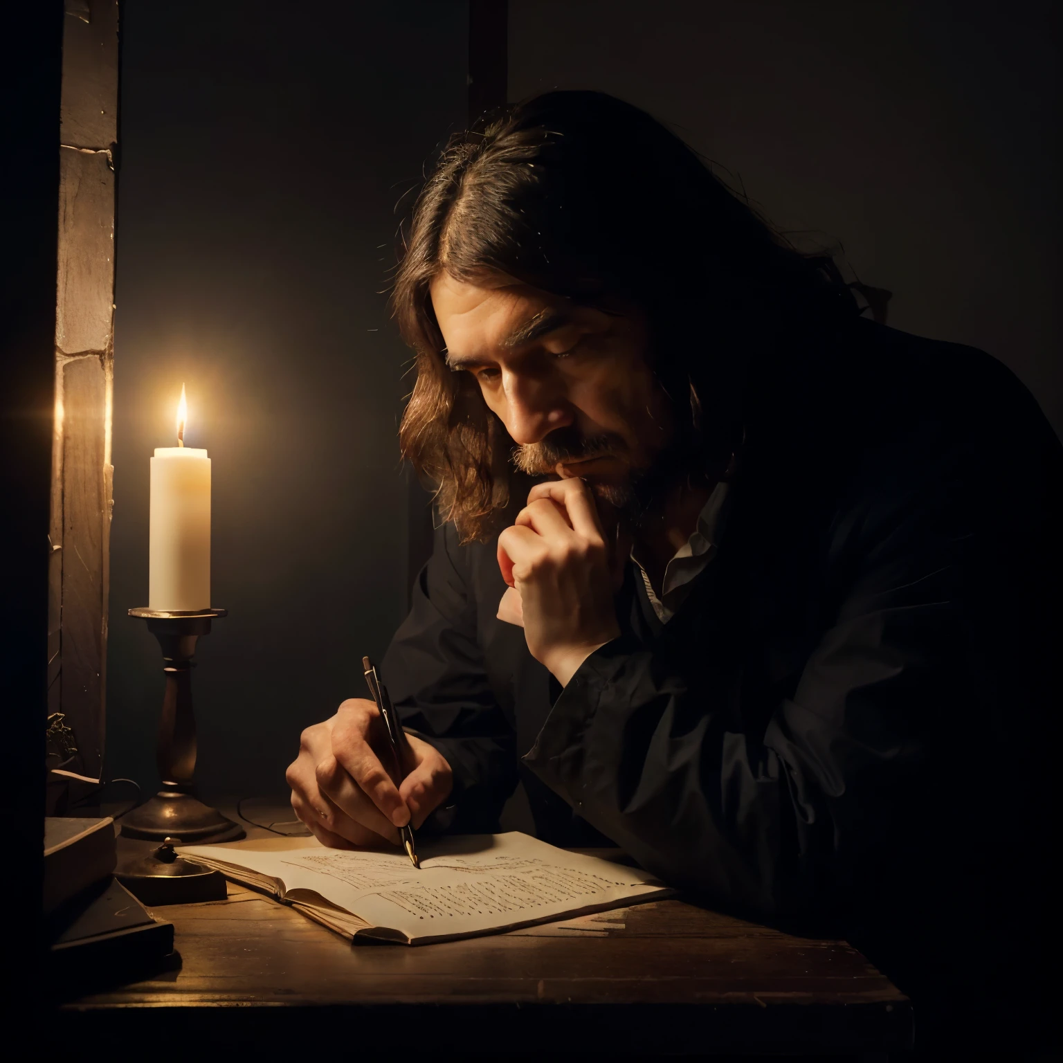 En la quietud de su estudio, René Descartes, the father of modern philosophy, is immersed in deep reflection. His gaze falls on a sheet of paper where he has written the phrase that would forever change the course of human thought.: "Pienso, luego existo". En su rostro, furrowed by the lines of thought and concentration, reflects the intensity of his search for the truth. La tenue luz de una vela ilumina su figura, creating an atmosphere of stillness and introspection. A su alrededor, books on philosophy, science and mathematics attest to his vast erudition and tireless intellectual curiosity. In this moment of deep reflection, Descartes has reached a fundamental conclusion: la existencia del yo es una certeza innegable, basada en la propia capacidad de pensar. Este simple "yo pienso" It is the starting point for the construction of a philosophical system that seeks to unravel the mysteries of the mind, el cuerpo y la realidad.,painting of a man writing in a dark room with a candle, shop 4k, Gerard Van Honthorst, philosopher, inspired by Johann Kaspar Füssli, inspired por Gerald van Honthorst, por Gerald van Honthorst, por Johann Kaspar Füssli, studious chiaroscuro, inspirado en Nicolaes Maes