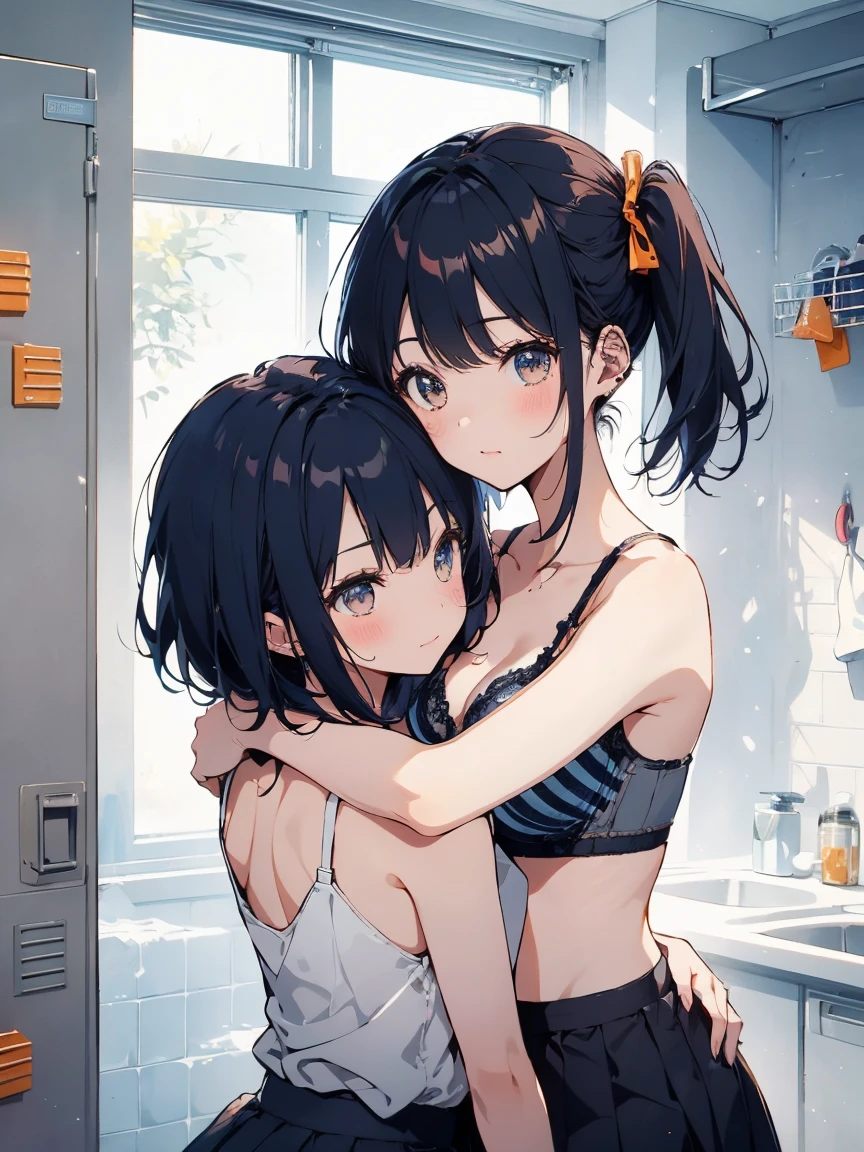 (highest qualityのイラスト:1.2), (cute girl:1.1), (1 girl, alone:1), (2 girls、8-year-old、、、small、cute、cute、small胸、Very detailedな目:1.2)、(lily、kiss、Hug from behind、grab、eyes half closed、eye contact:1.Sweat、I was embraced、blush:1.1)、 break White Bra、ピンクのgood、Blue Bra、Green bra、Grey Bra、light Grey Bra、 Striped bra、水玉模様がgood、goodチェック柄、cute、good、kids good、sporty、camisole、Cotton panties、School Skirt、Blake Black Hair、Blue Hair、Brown Hair、extra belly short hair、short hair、Middle Hair、Hair length、Wavy Hair、Curly Hair、Pale pink braids、Princess Cut、Bobcut、Twin tails、低いTwin tails、ponytail、ライトブルーのローponytail、break(locker room:1.2)、(evening、evening、Orange sunlight:1.2)、 break(highest quality、Very detailed、Very detailed and beautiful、超A high resolution、Arm details:1.2)、Browsing Caution Beautiful Pool