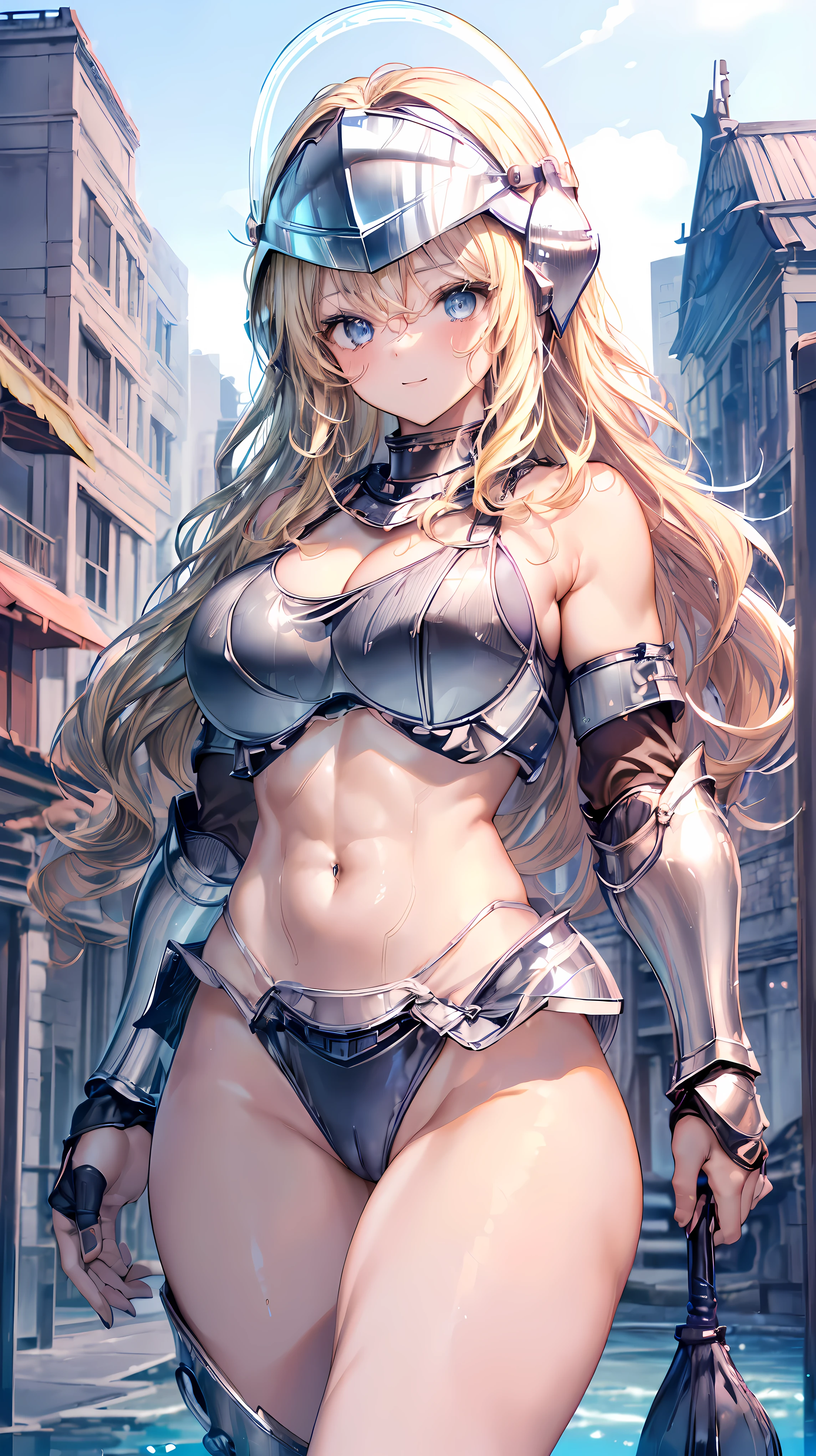 (Adult women:1.5)、Very detailed、highest quality、Best image quality、masterpiece、8k、Anime Face、A kind smile、Open your mouth、Sparkling blue eyes、(Blonde Wavy Hair:1.5)、、Muscles of the whole body、camisole、Thigh belt、mini skirt、(Wearing platinum bikini armor:1.5)、(Cowboy Shot:1.5)、(Leg armor:1.5)、(Wearing a helmet:1.5)