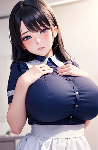 A girl with big breasts, long black hair, and blue eyes、Wearing a blue maid outfit、Her cheeks are blushing in embarrassment