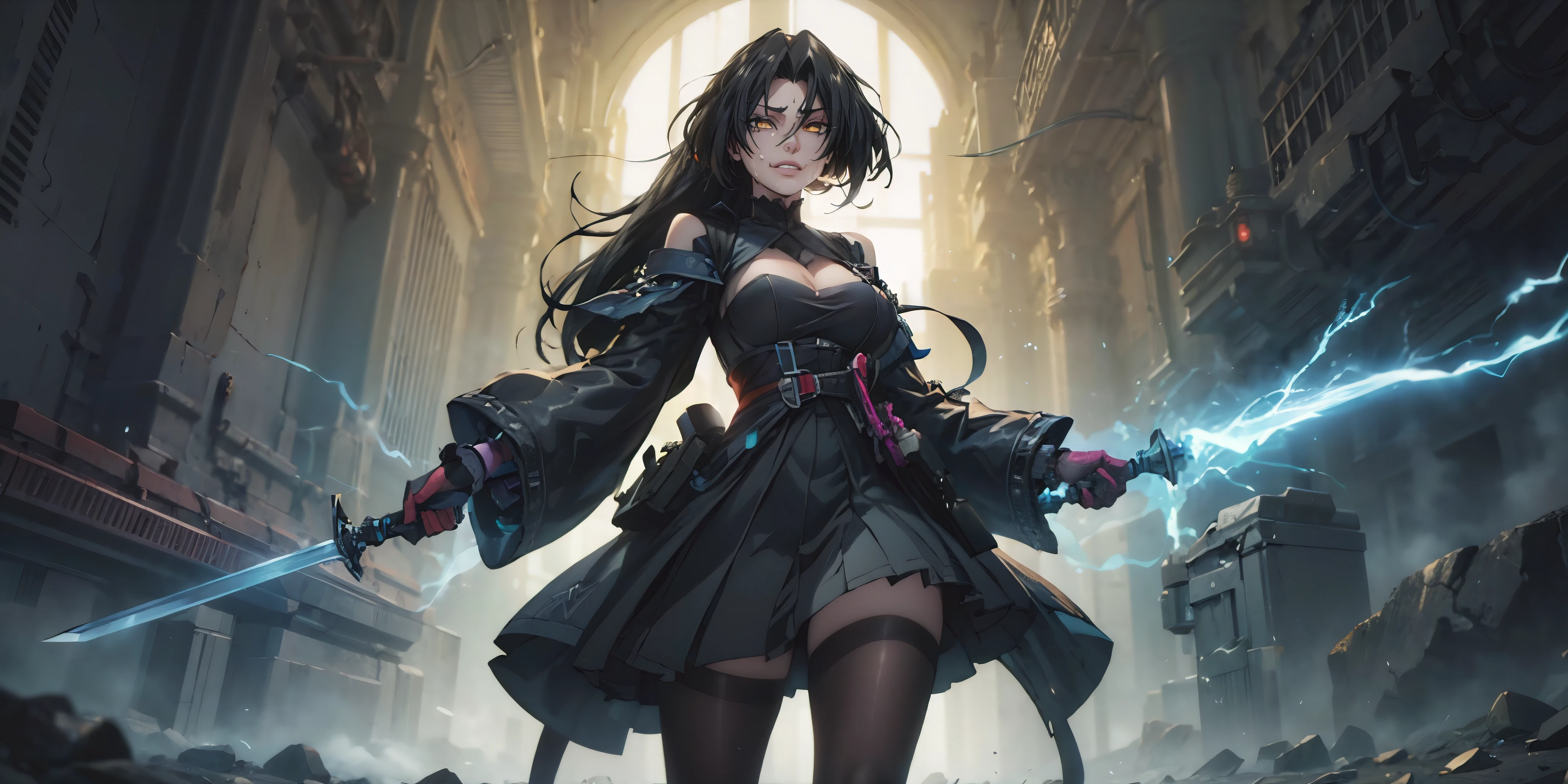 dominique de sade, ((long hair:1.3)), black hair, forehead, golden eyes, anatomically correct, heavy breathing, huge breasts,  1girl, holding, sword, black_hair, solo, holding_weapon, long_hair, holding_sword, jewelry, skirt, standing, dual_wielding, closed_mouth, glowing, bangs, gloves, earrings, looking_at_viewer, long_sleeves, cowboy_shot, glowing_weapon, "glow effects, godrays, Hand drawn, render, 8k, octane render, cinema 4d, blender, dark, atmospheric 4k ultra detailed, cinematic, Sharp focus, big depth of field, Masterpiece, colors, 3d octane render, 4k, concept art, trending on artstation, hyperrealistic, Vivid colors, extremely detailed CG unity 8k wallpaper, trending on CGSociety, Intricate, High Detail, dramatic", anime coloring, anime screencap, sweating, steaming body, fog, (electricity:1.3), (shaded face:1.2), hollow eyes, facing viewer, smirk, upper teeth, golden eyes, sweating, wet, looking at viewer, glowing eyes,