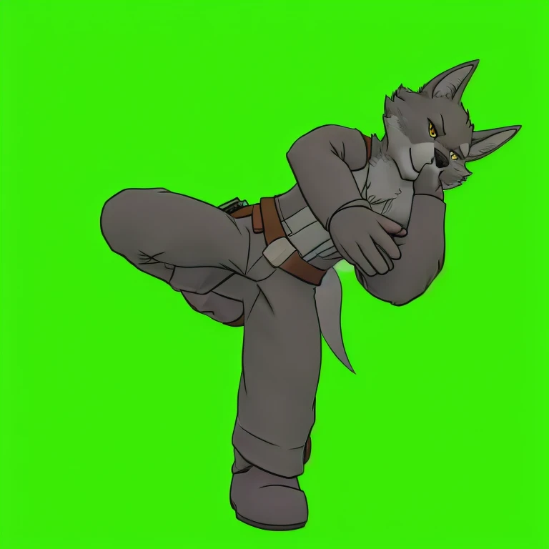Grey wolf anthro, kicking pose, fighting combat pose, hand close to face, fett close up, high quality, hd quality, good lightning, good shading