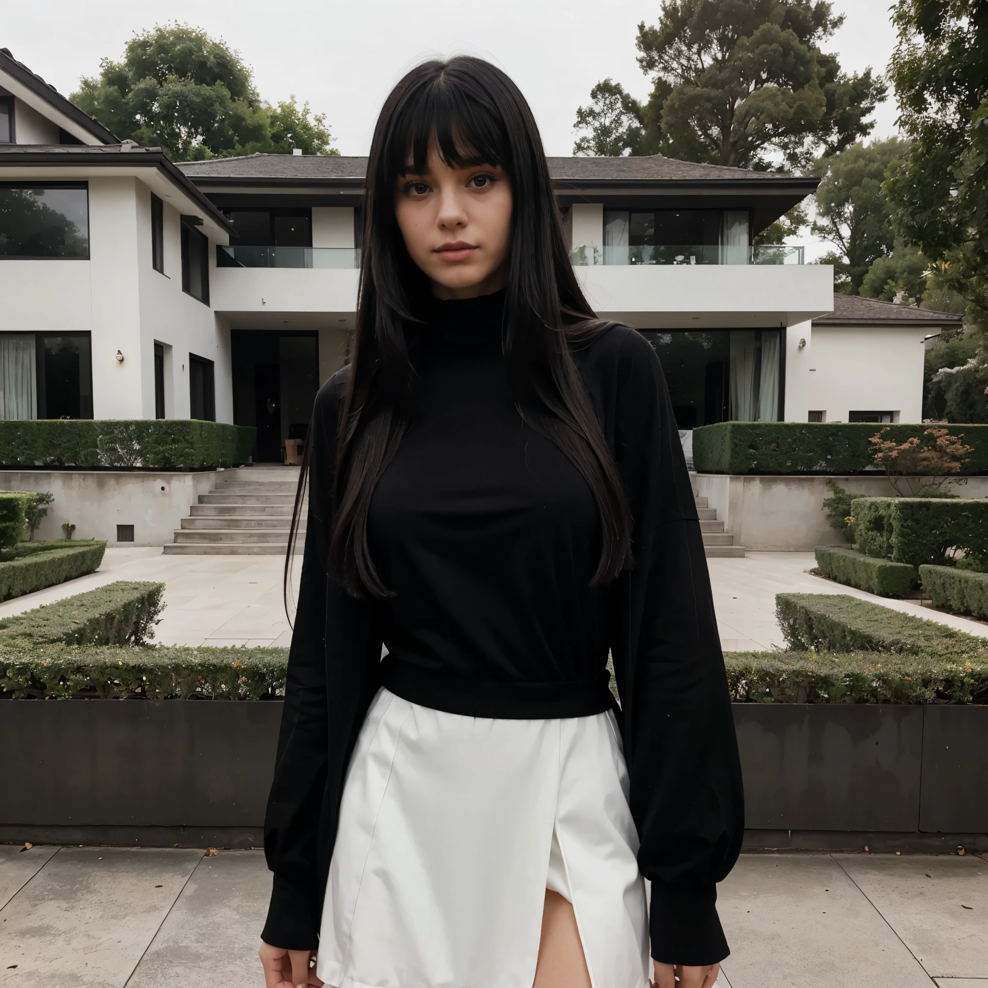 A Swiss teenage girl with long black hair with bangs and an elegant black dress with a large modern mansion in a Bel-Air neighborhood on a foggy day