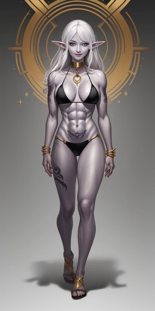 ((1girl)) full body, standing, grey skin, drow, elf, mature, detailed happy face, purple eyes, white hair, black bikini, abs, big knockers, golden chain collar, stomach tattoo (red tattoo)