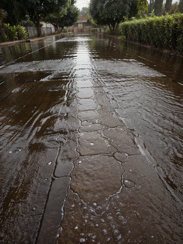 En el suelo lleno de agua llueve mucho, las gotas de agua salpican con fuerza hacia arriba con forma de planta