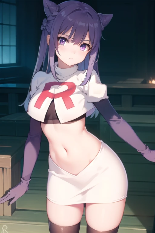 keqing, keqing, long hair, bangs, hair ornament, twintails, (purple eyes:1.1), purple hair, braid, hair bun, double bun, cone hair bun,
BREAK team rocket,team rocket uniform,white skirt,red letter R,crop top,black thigh-highs,black elbow gloves,
BREAK looking at viewer, (cowboy shot:1.5),
BREAK (masterpiece:1.2), best quality, high resolution, unity 8k wallpaper, (illustration:0.8), (beautiful detailed eyes:1.6), extremely detailed face, perfect lighting, extremely detailed CG, (perfect hands, perfect anatomy),