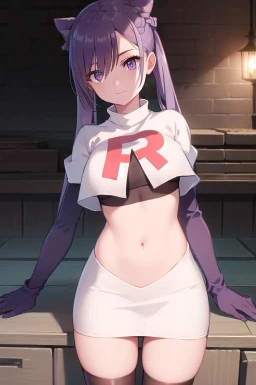 keqing, keqing, long hair, bangs, hair ornament, twintails, (purple eyes:1.1), purple hair, braid, hair bun, double bun, cone hair bun,
BREAK team rocket,team rocket uniform,white skirt,red letter R,crop top,black thigh-highs,black elbow gloves,
BREAK looking at viewer, (cowboy shot:1.5),
BREAK (masterpiece:1.2), best quality, high resolution, unity 8k wallpaper, (illustration:0.8), (beautiful detailed eyes:1.6), extremely detailed face, perfect lighting, extremely detailed CG, (perfect hands, perfect anatomy),